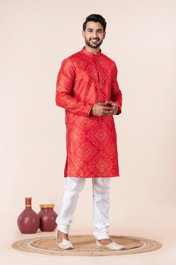 Bright Red Bandhani Printed Dupion Silk Kurta Set