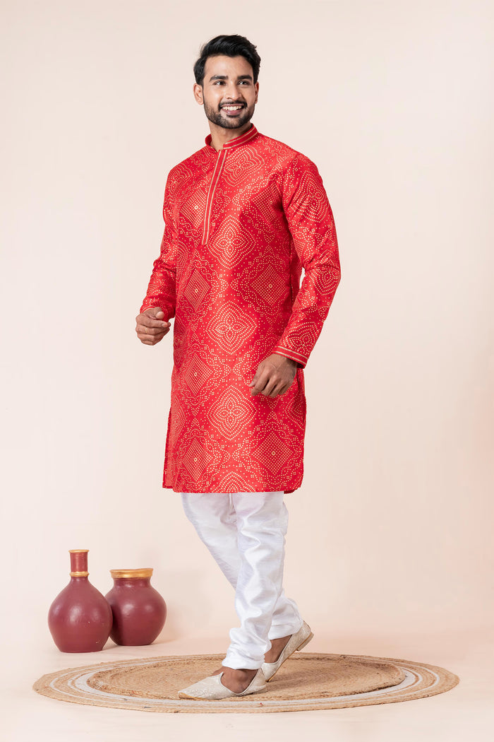 Bright Red Bandhani Printed Dupion Silk Kurta Set
