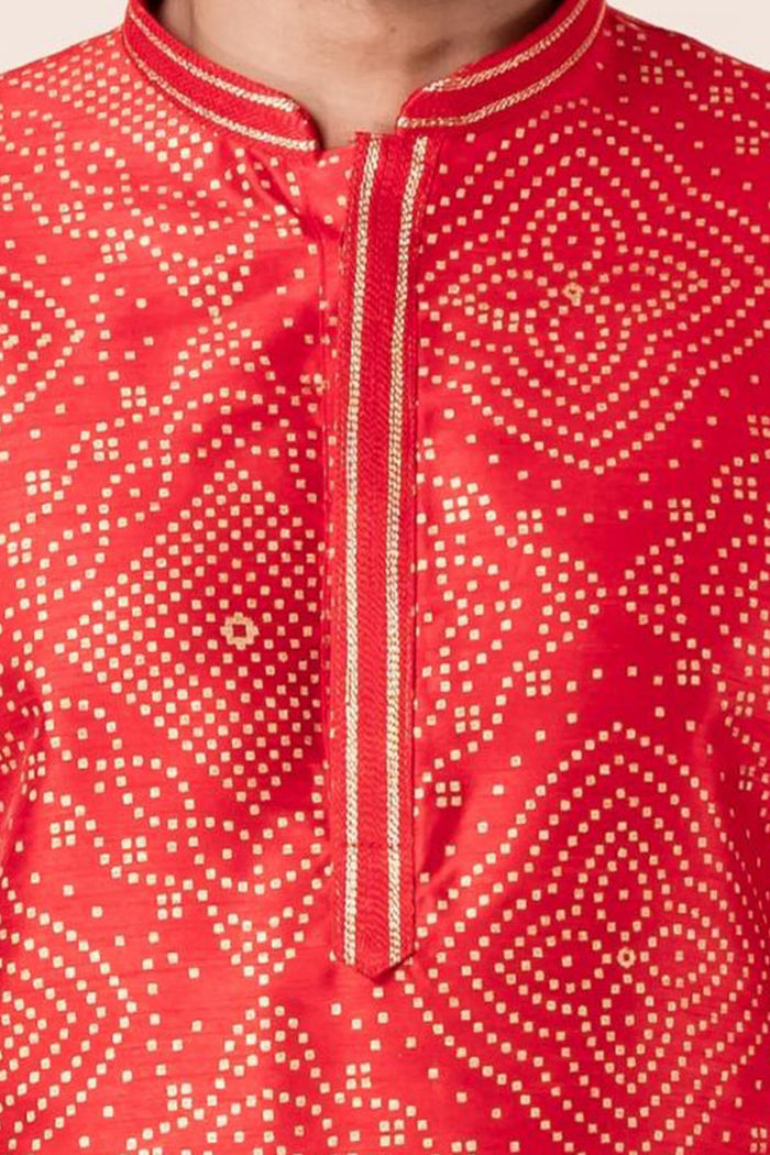 Bright Red Bandhani Printed Dupion Silk Kurta Set