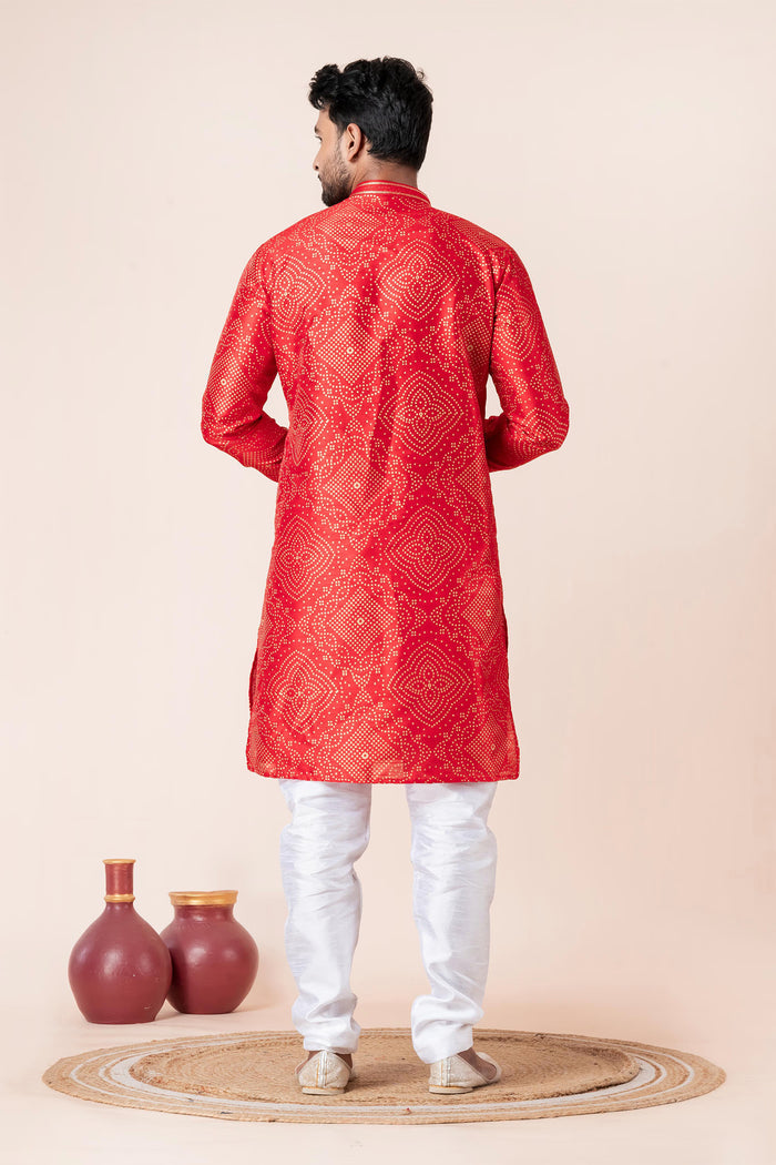 Bright Red Bandhani Printed Dupion Silk Kurta Set