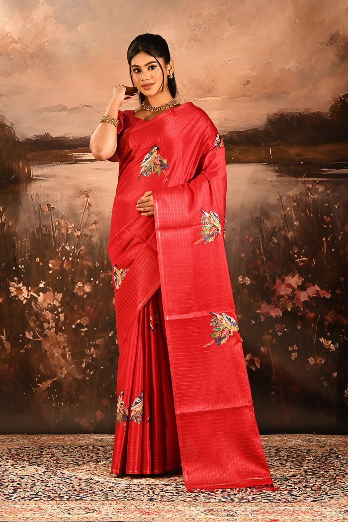 Bright Red Checkered With Scattered Parrot Motif Designer Saree