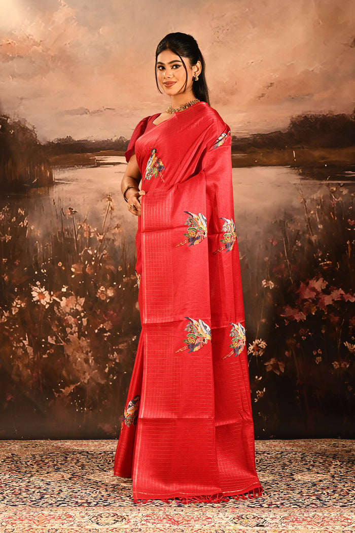 Bright Red Checkered With Scattered Parrot Motif Designer Saree