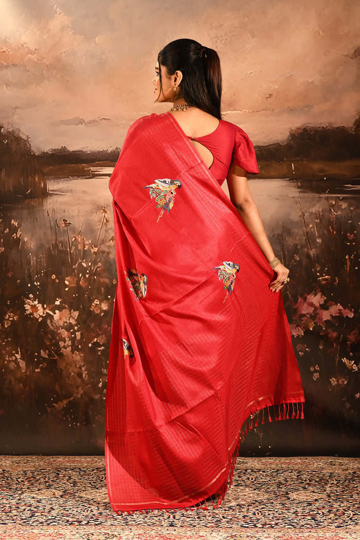 Bright Red Checkered With Scattered Parrot Motif Designer Saree