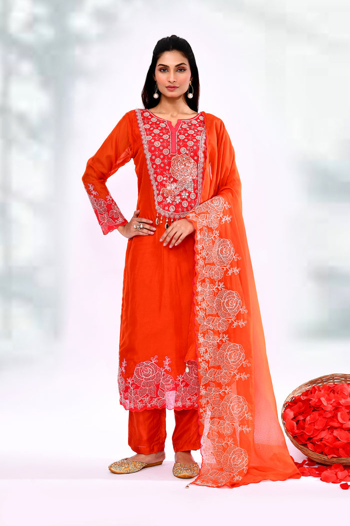 Bright Red Chiffon Floral Embroidered Kurta Set