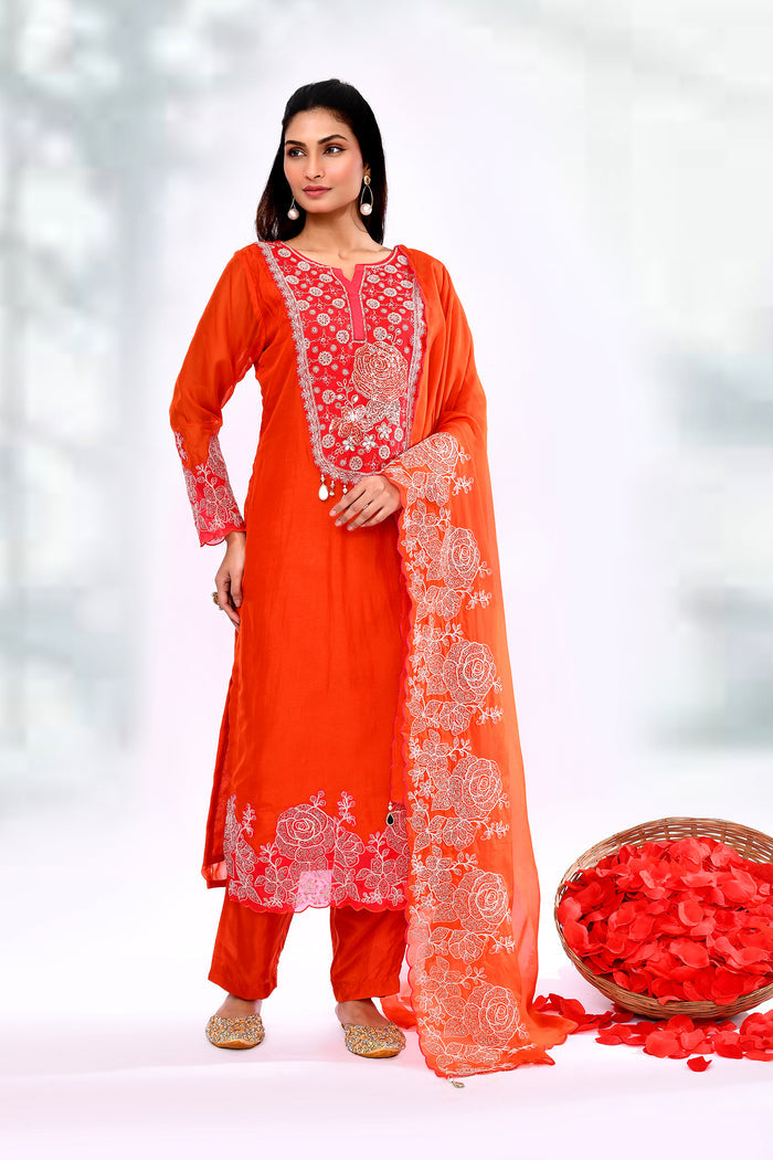 Bright Red Chiffon Floral Embroidered Kurta Set