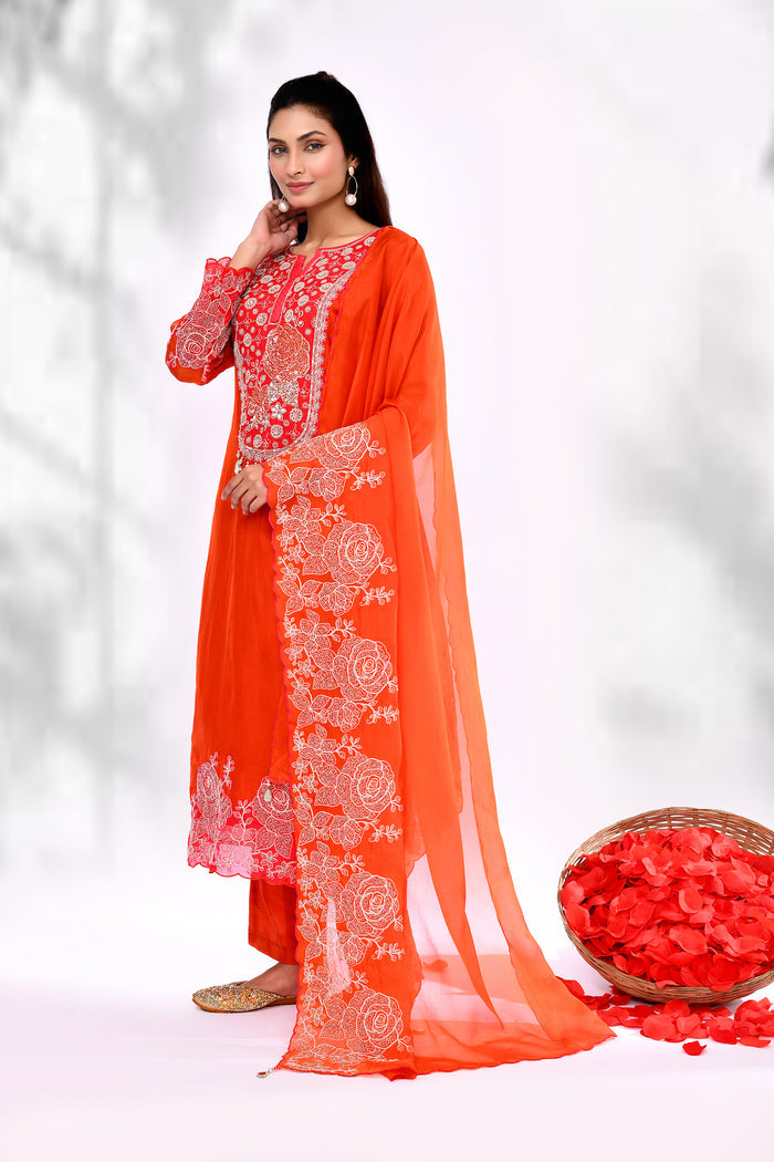 Bright Red Chiffon Floral Embroidered Kurta Set