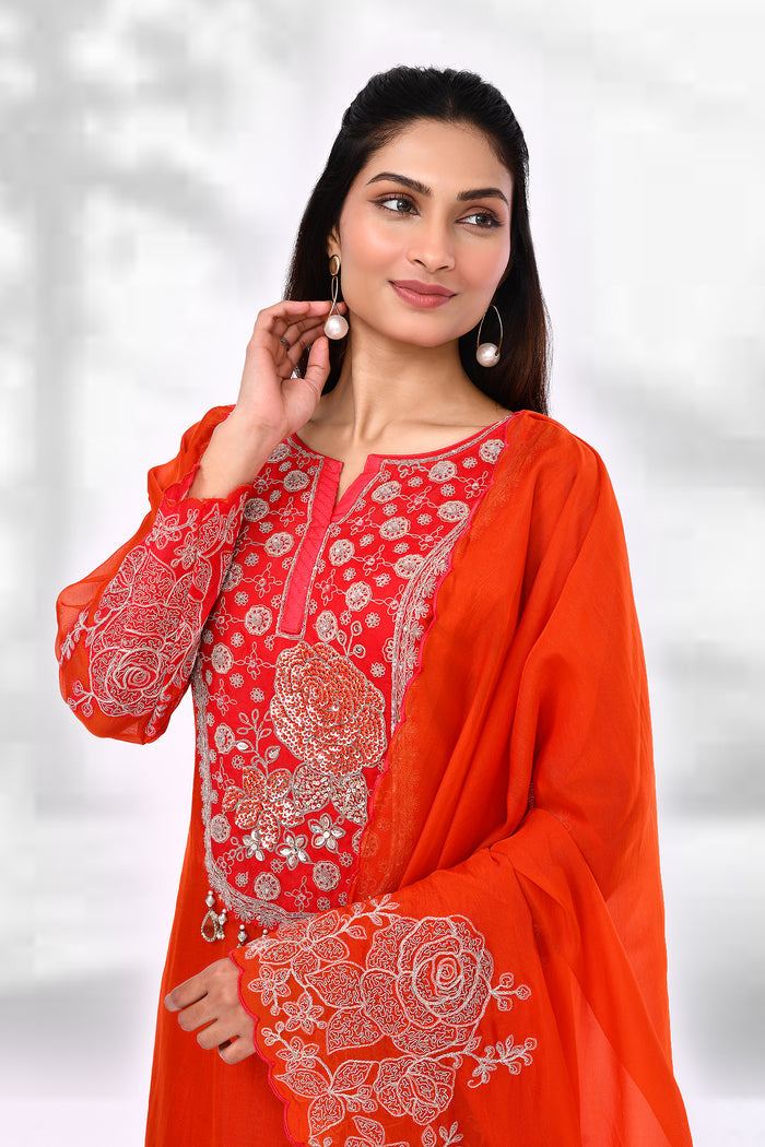 Bright Red Chiffon Floral Embroidered Kurta Set
