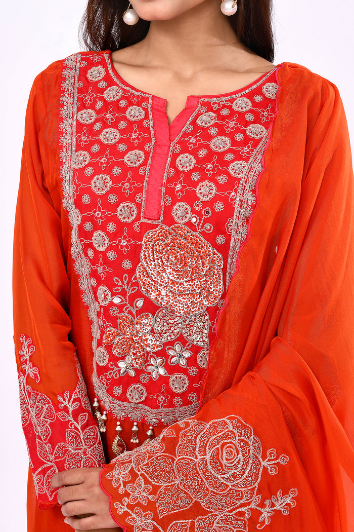 Bright Red Chiffon Floral Embroidered Kurta Set