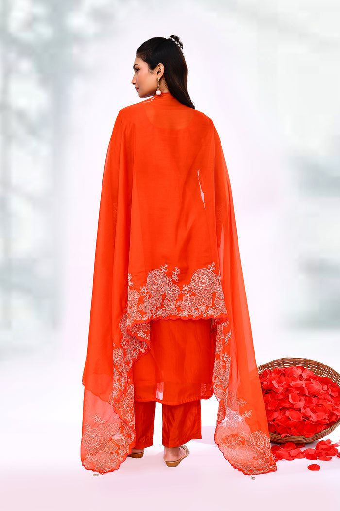 Bright Red Chiffon Floral Embroidered Kurta Set