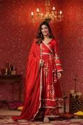 <img> Bright Red Chinon Floral Printed Anarkali Set