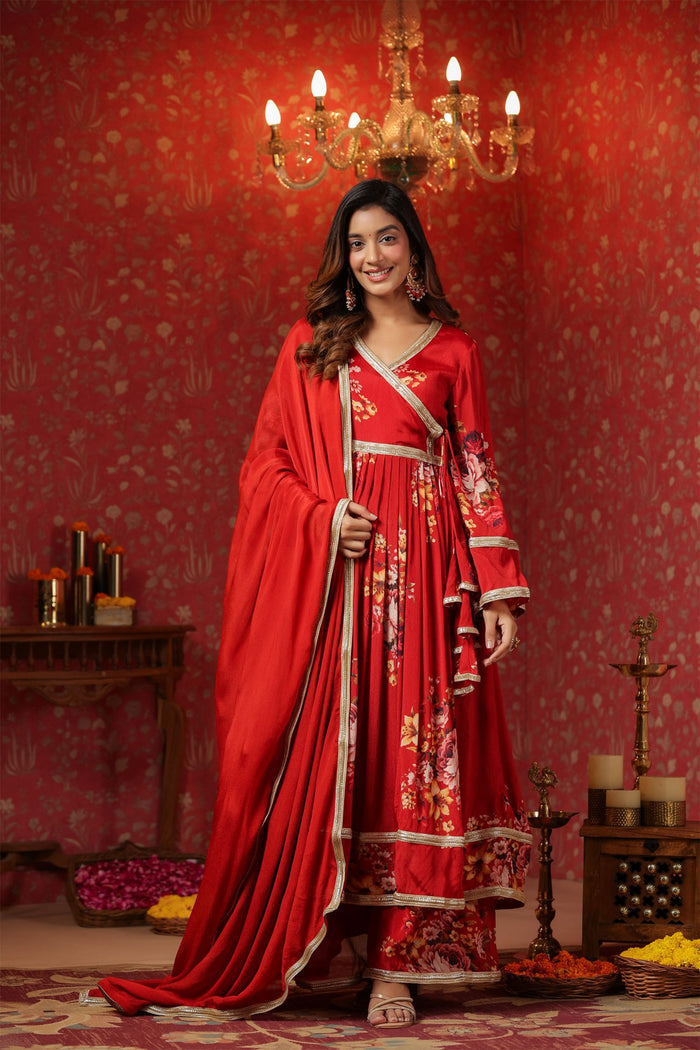 <img> Bright Red Chinon Floral Printed Anarkali Set