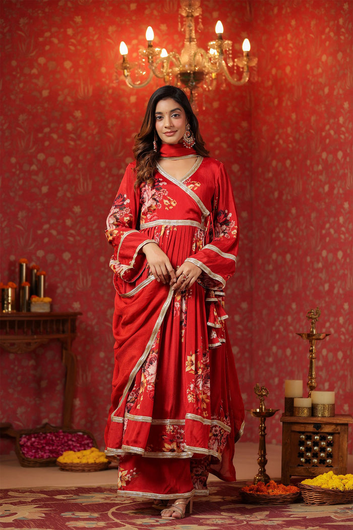 <img> Bright Red Chinon Floral Printed Anarkali Set