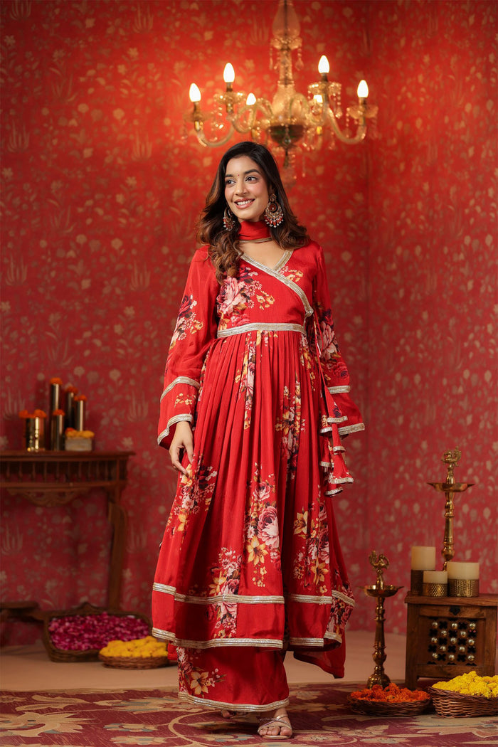 <img> Bright Red Chinon Floral Printed Anarkali Set
