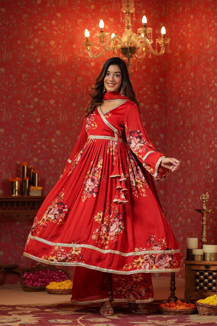 <img> Bright Red Chinon Floral Printed Anarkali Set