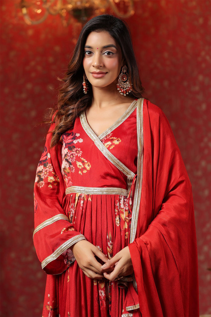 <img> Bright Red Chinon Floral Printed Anarkali Set