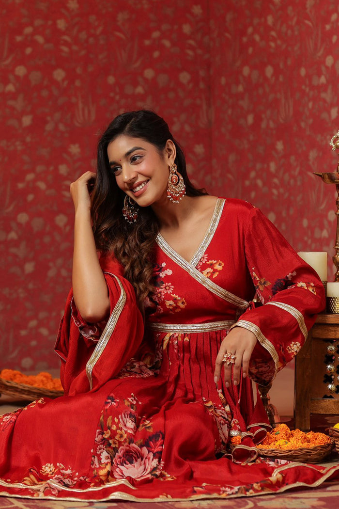 <img> Bright Red Chinon Floral Printed Anarkali Set