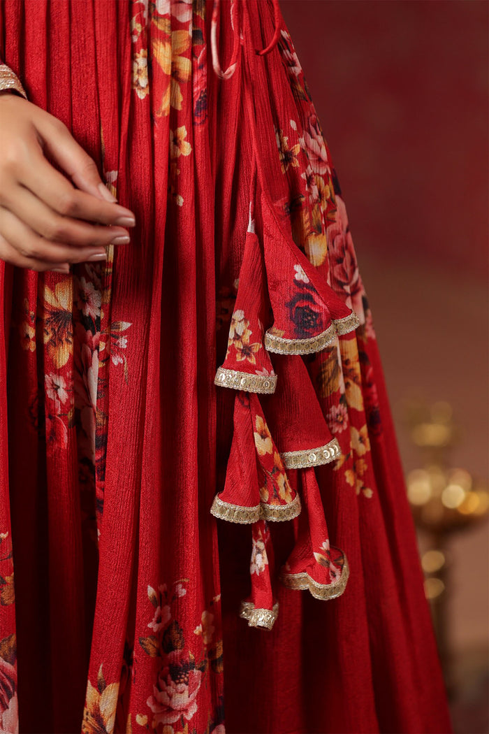 <img> Bright Red Chinon Floral Printed Anarkali Set