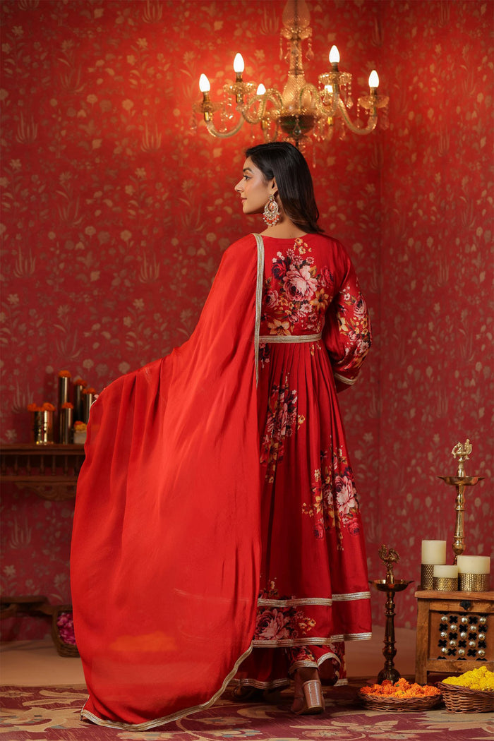 <img> Bright Red Chinon Floral Printed Anarkali Set