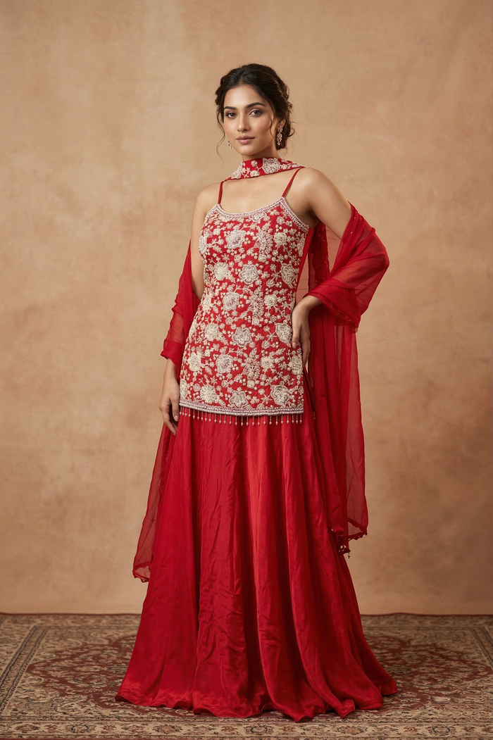 Bright Red Crepe Embroidered Sharara Set