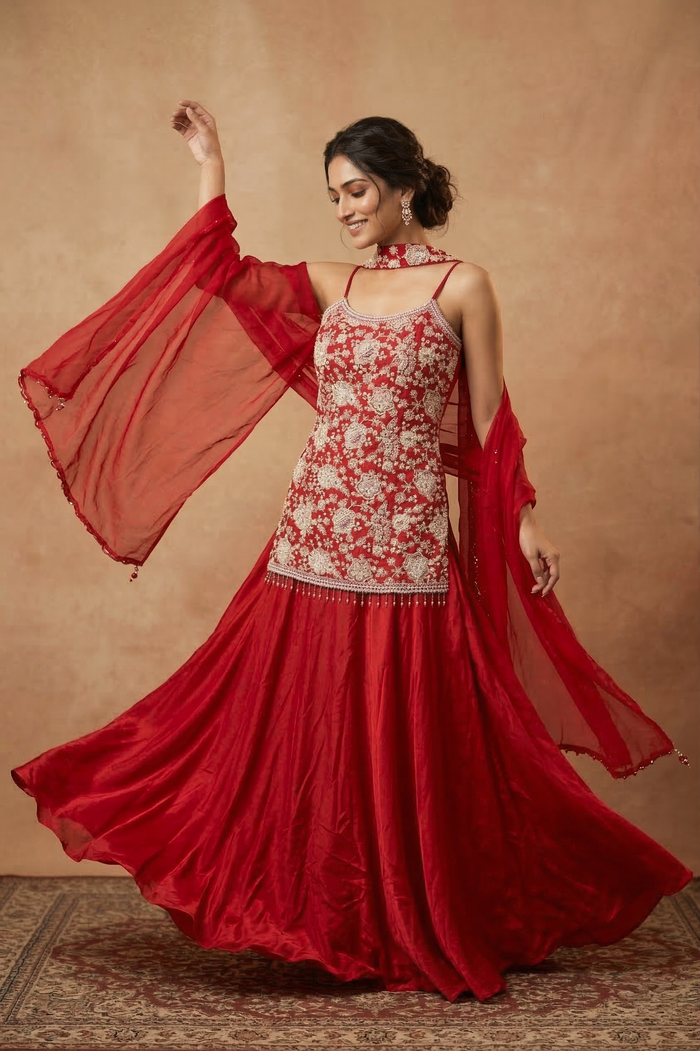 Bright Red Crepe Embroidered Sharara Set