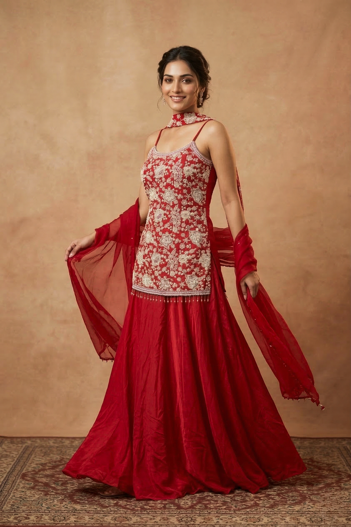 Bright Red Crepe Embroidered Sharara Set