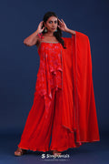 <img> Bright Red Crepe Silk Floral Printed Kurti Set