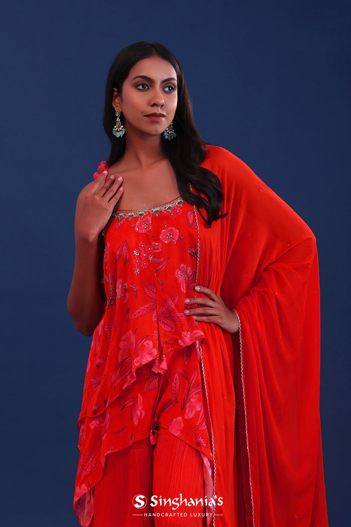 <img> Bright Red Crepe Silk Floral Printed Kurti Set