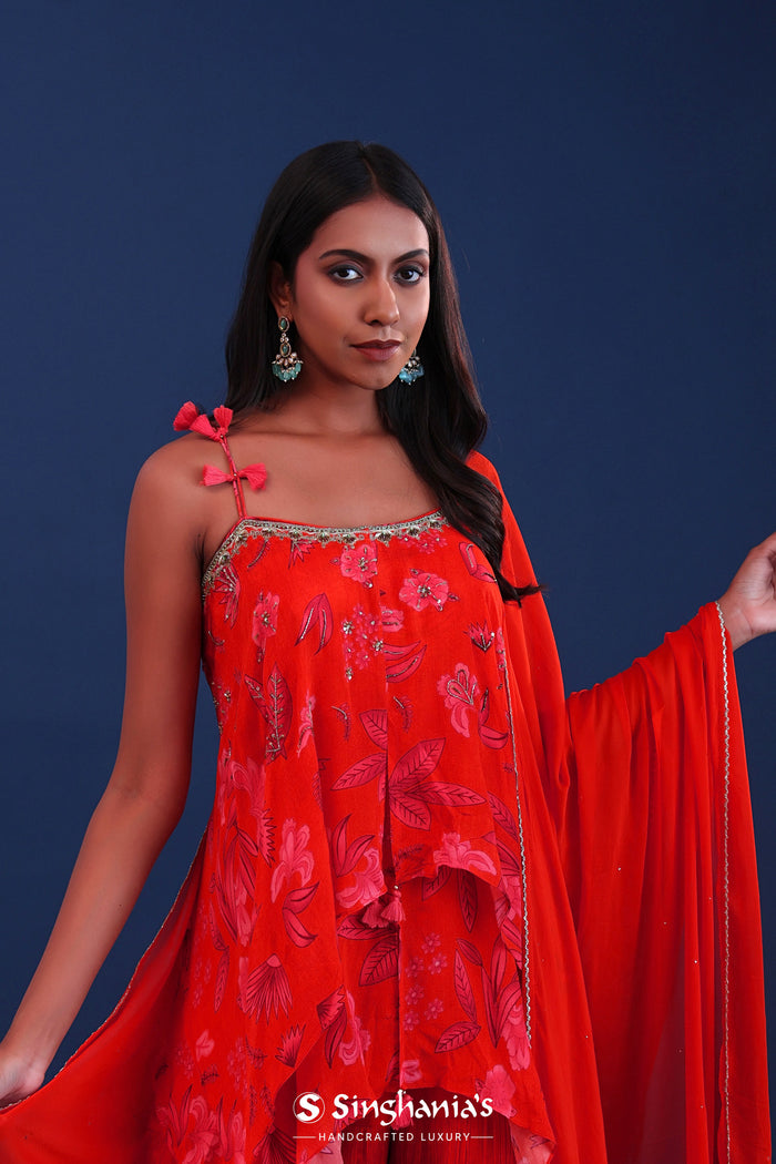 <img> Bright Red Crepe Silk Floral Printed Kurti Set