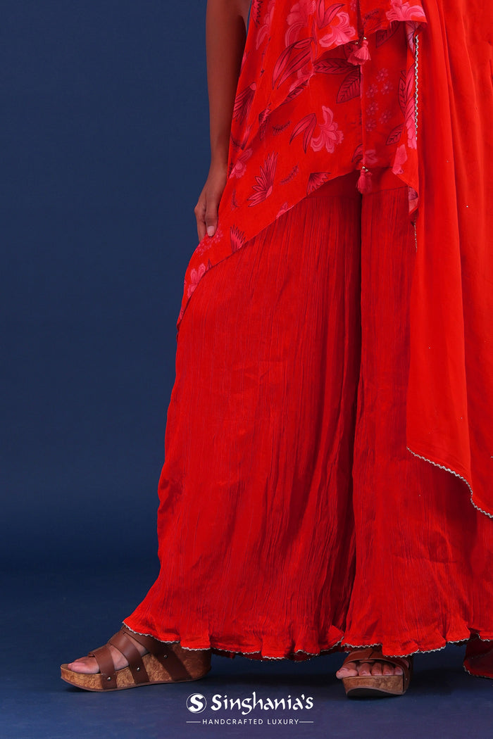 <img> Bright Red Crepe Silk Floral Printed Kurti Set