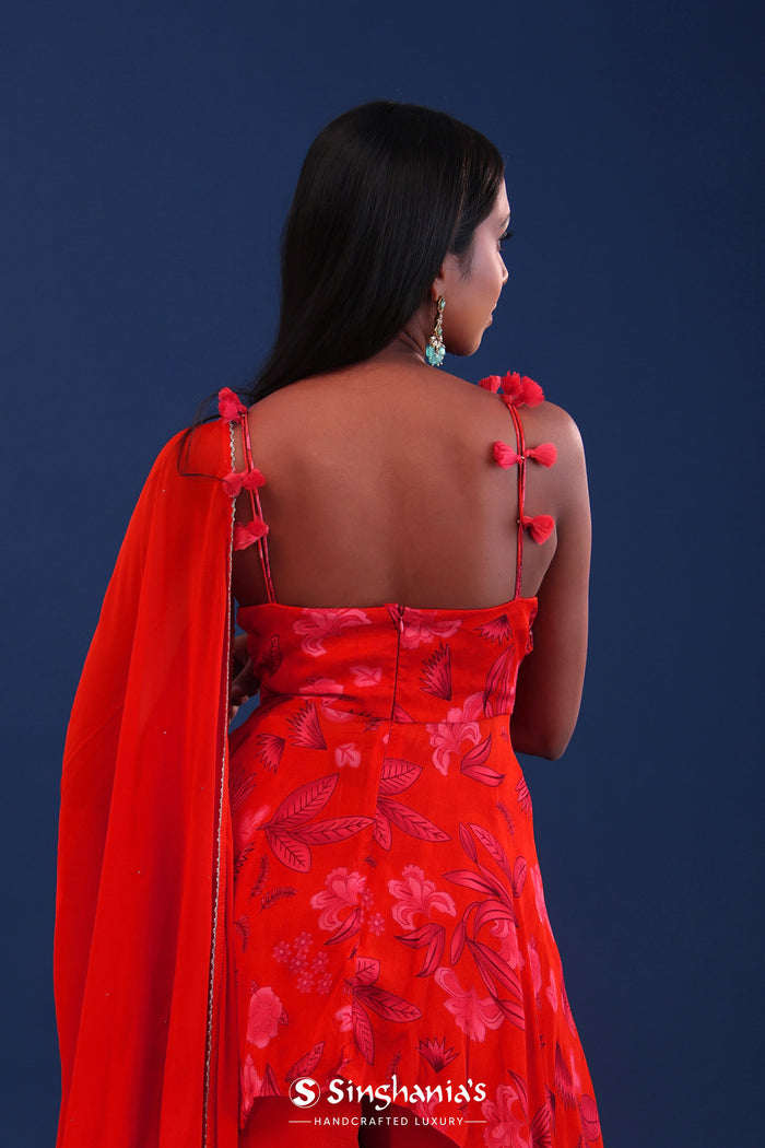 <img> Bright Red Crepe Silk Floral Printed Kurti Set
