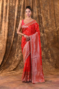 Bright Red Floral Butti Banarasi Silk Saree