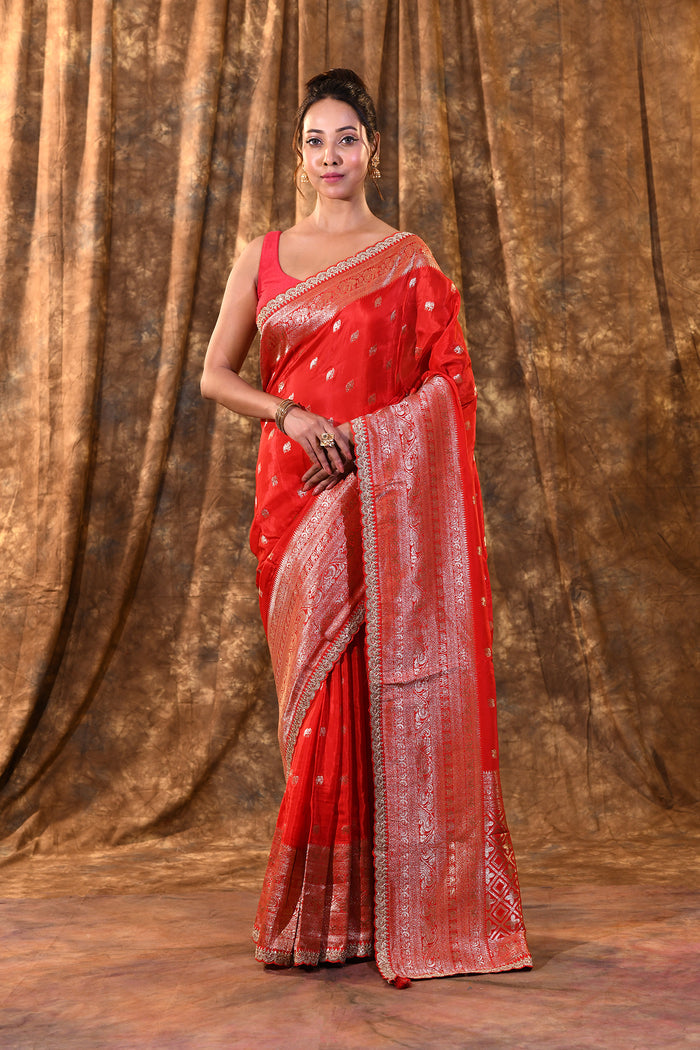 Bright Red Floral Butti Banarasi Silk Saree