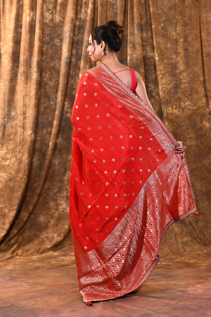 Bright Red Floral Butti Banarasi Silk Saree