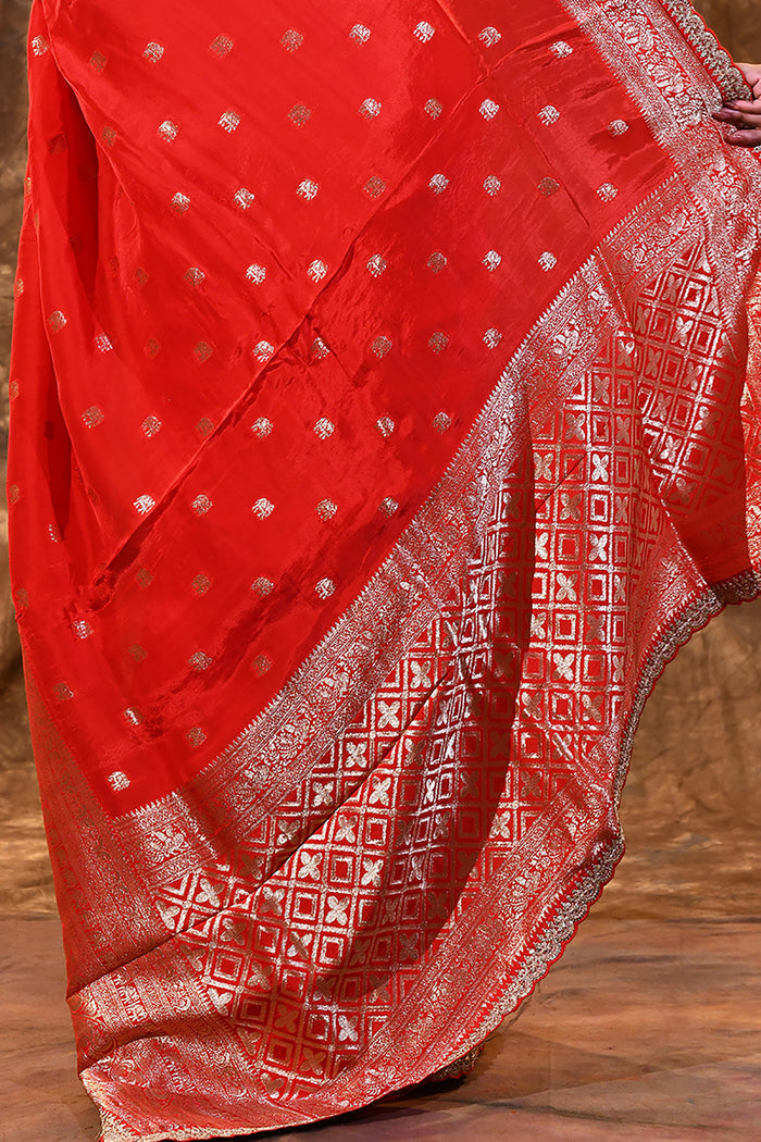 Bright Red Floral Butti Banarasi Silk Saree