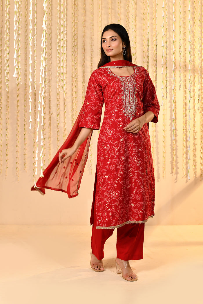 Bright Red Floral Embroidered Crepe Kurta Set