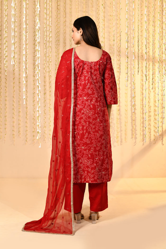 Bright Red Floral Embroidered Crepe Kurta Set
