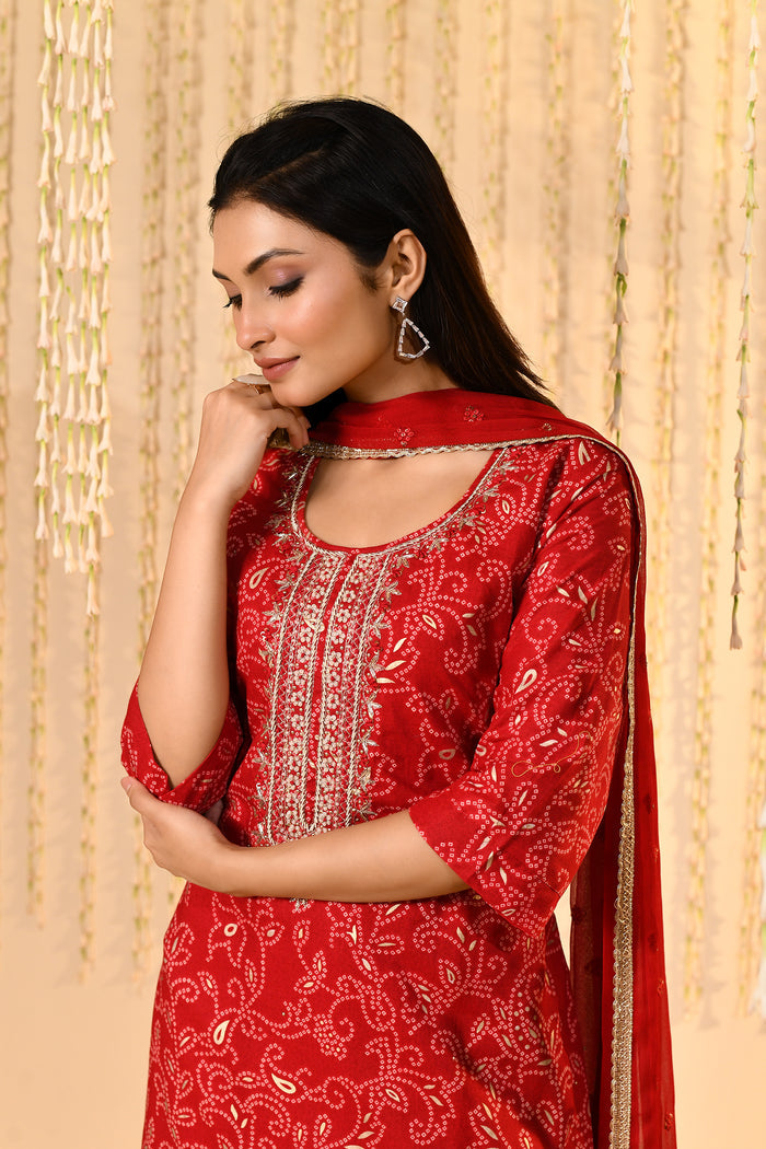 Bright Red Floral Embroidered Crepe Kurta Set
