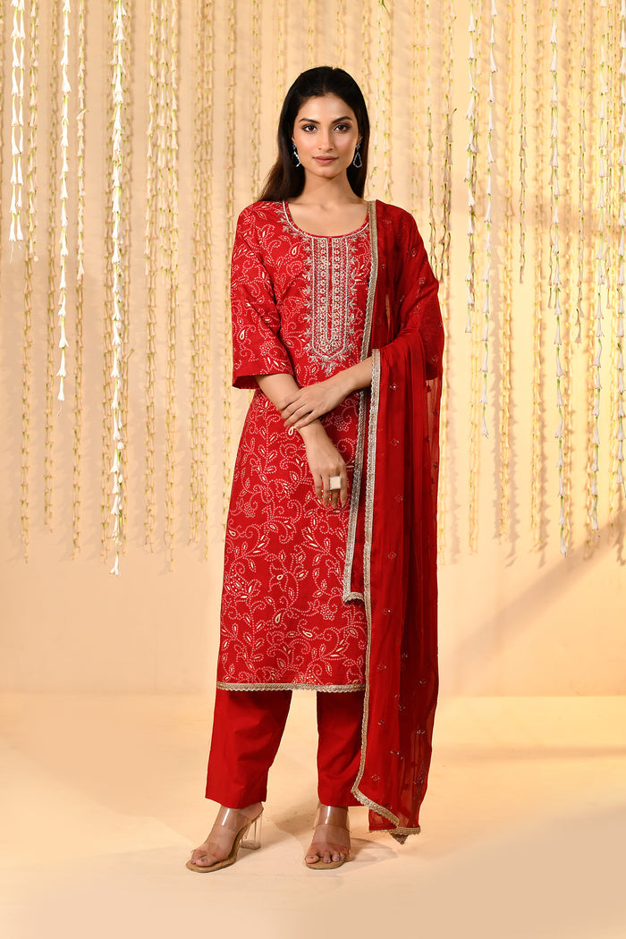 Bright Red Floral Embroidered Crepe Kurta Set