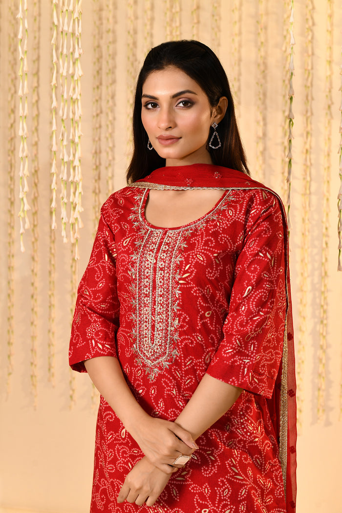 Bright Red Floral Embroidered Crepe Kurta Set