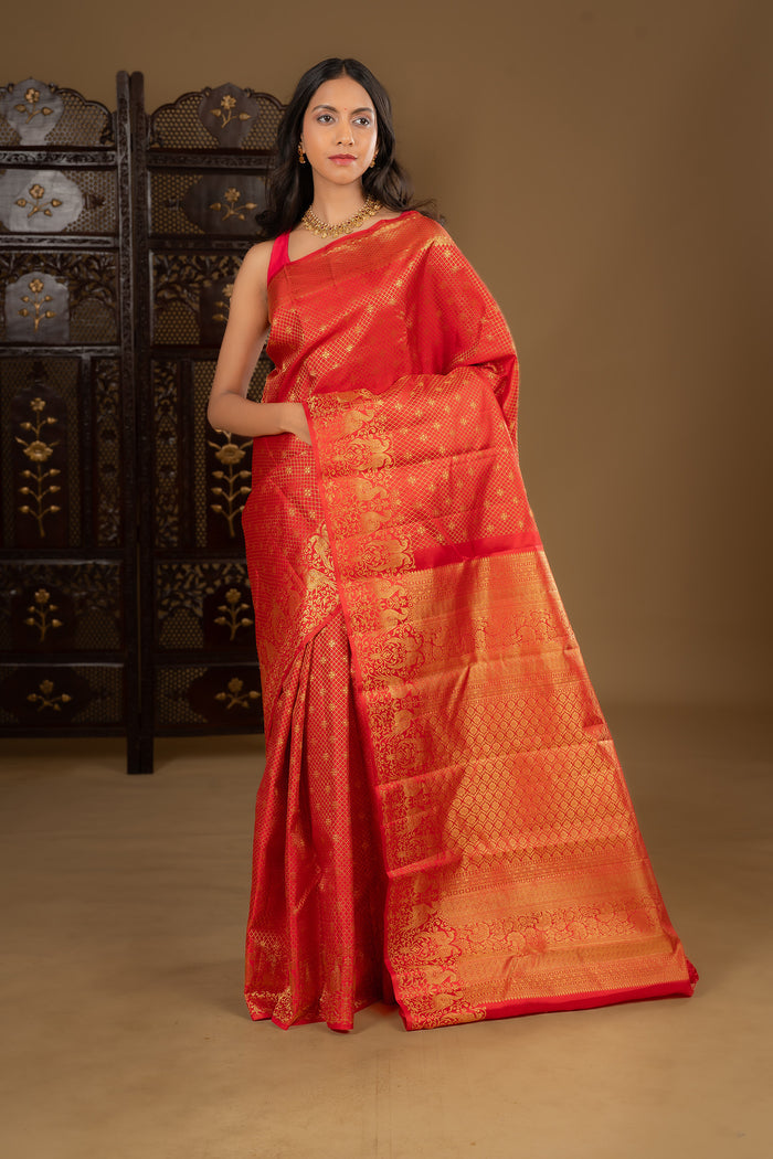 Bright Red Floral Kanjivaram Silk Saree