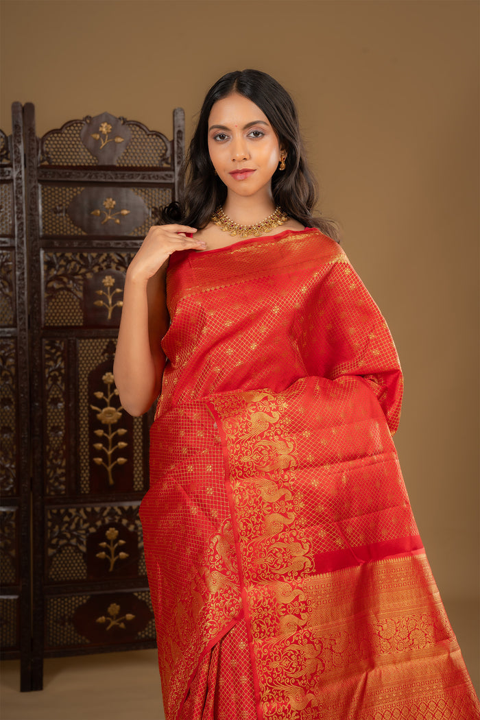 Bright Red Floral Kanjivaram Silk Saree