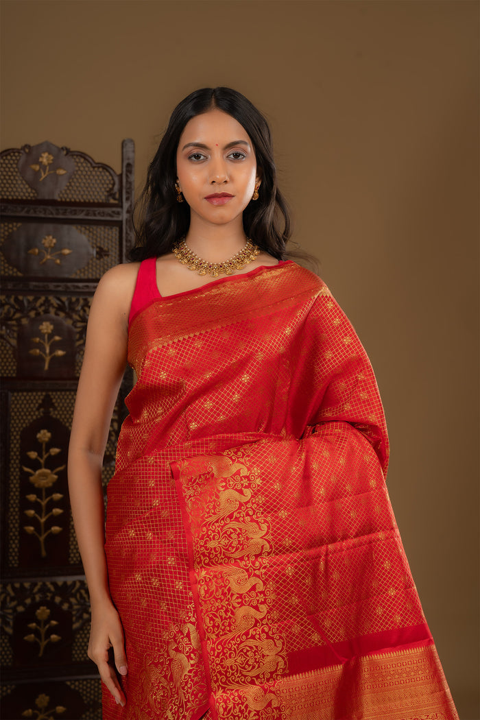 Bright Red Floral Kanjivaram Silk Saree
