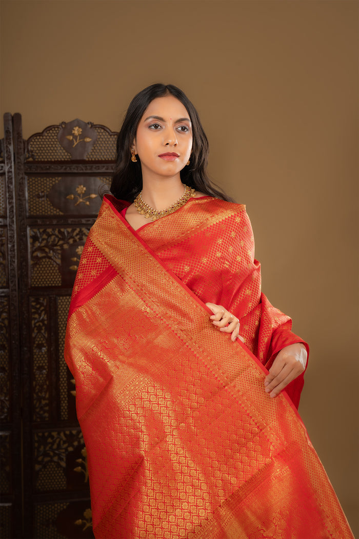 Bright Red Floral Kanjivaram Silk Saree