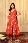 Bright Red Floral Printed Satin Anarkali Set