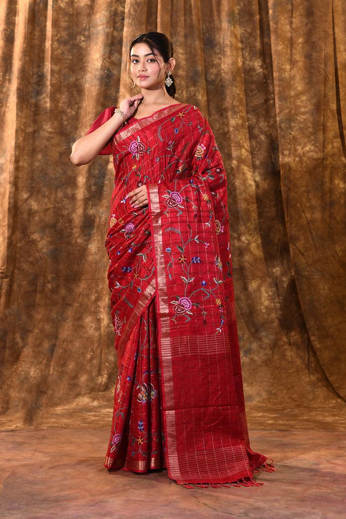 Bright Red Floral Silk Blend Saree