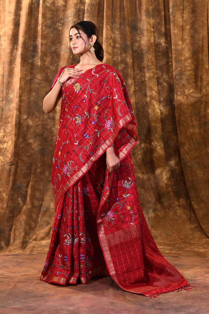Bright Red Floral Silk Blend Saree
