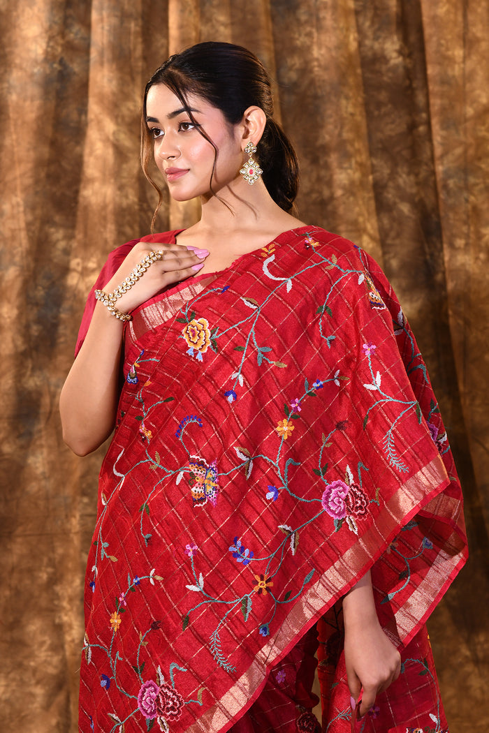 Bright Red Floral Silk Blend Saree