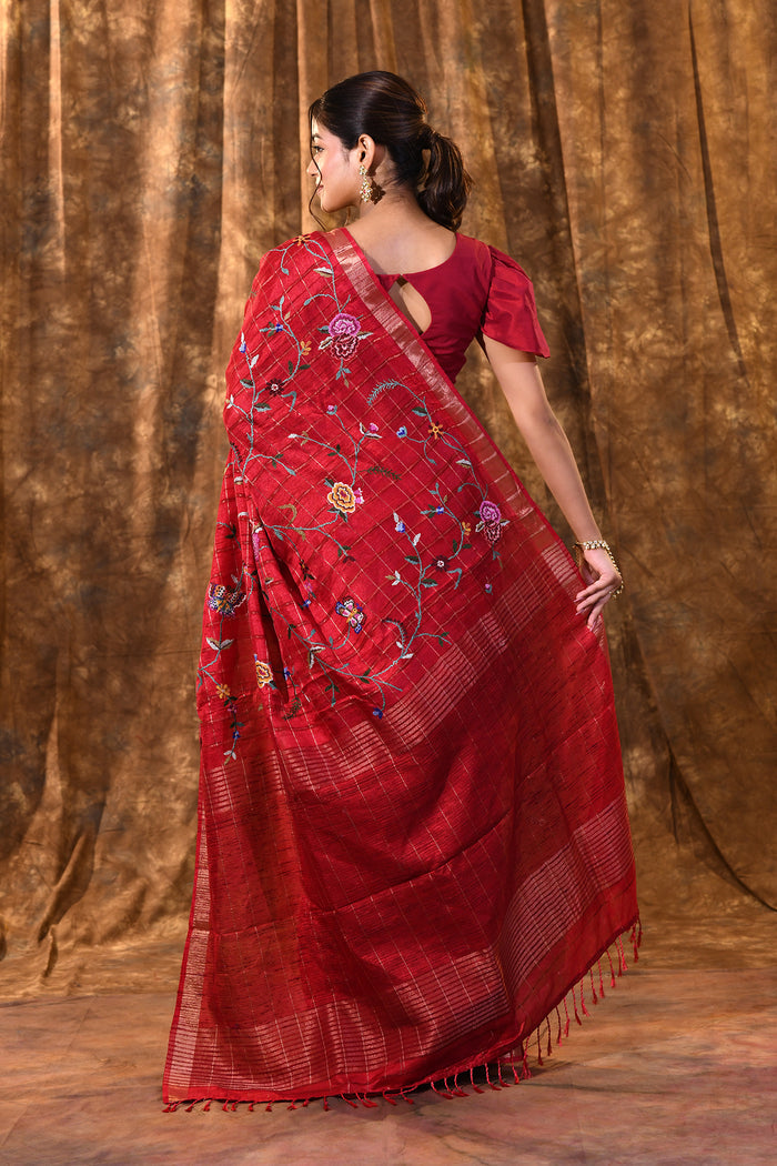 Bright Red Floral Silk Blend Saree