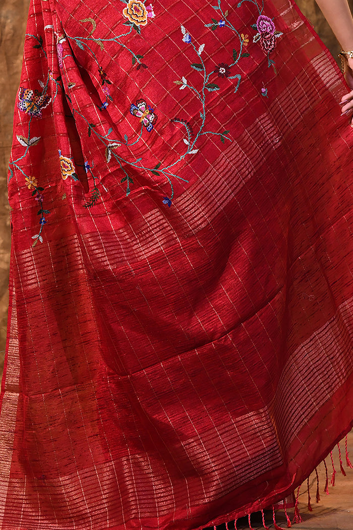 Bright Red Floral Silk Blend Saree