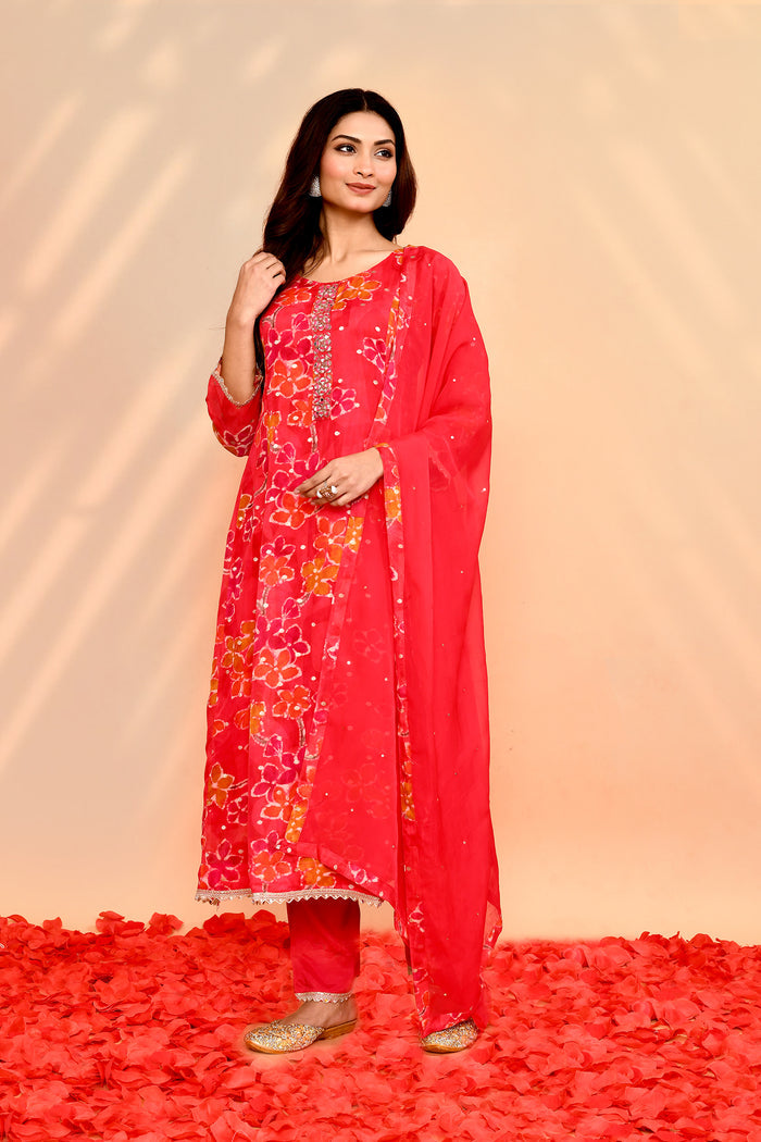Bright Red Georgette Floral Kurta Set